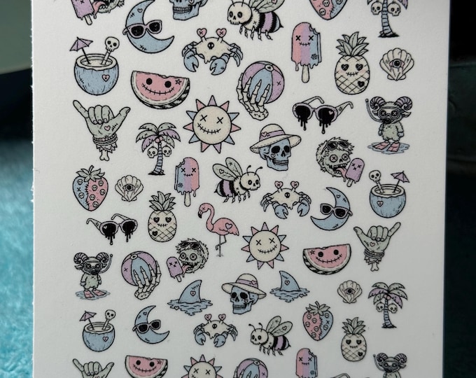 NEW Cute pastel gothic summer waterslide stickers for nails, nail art nail stickers, creepy seashell, beach Krampus