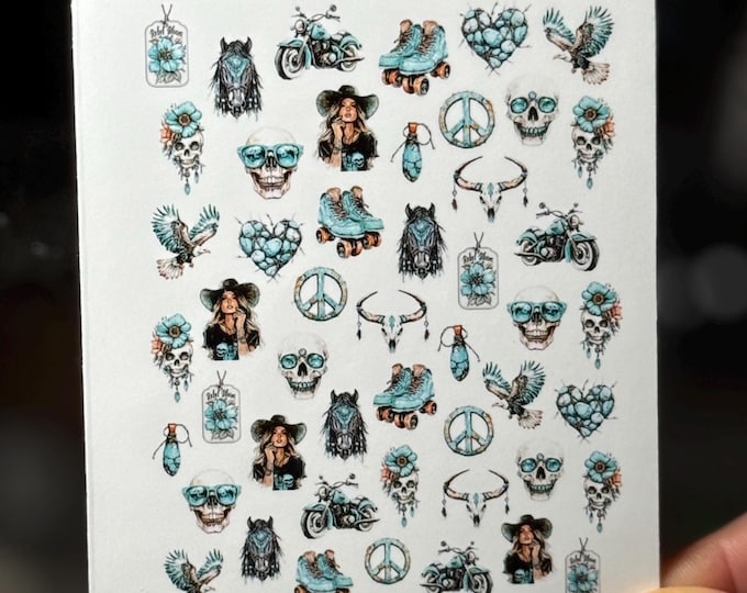 2D Western Cowgirl Water Slide Nail Stickers, Modern Wild West Turquoise Nail Art Stickers