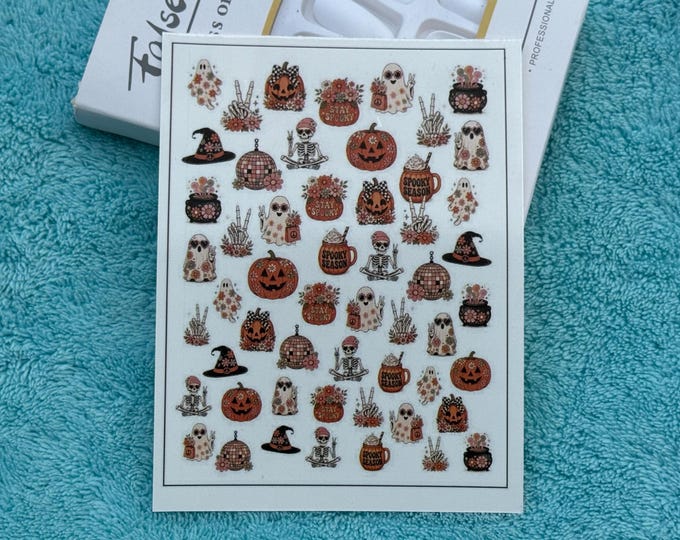 Water-Slide Nail Decals – Retro Ghost, Groovy Halloween, Hippie Skeleton