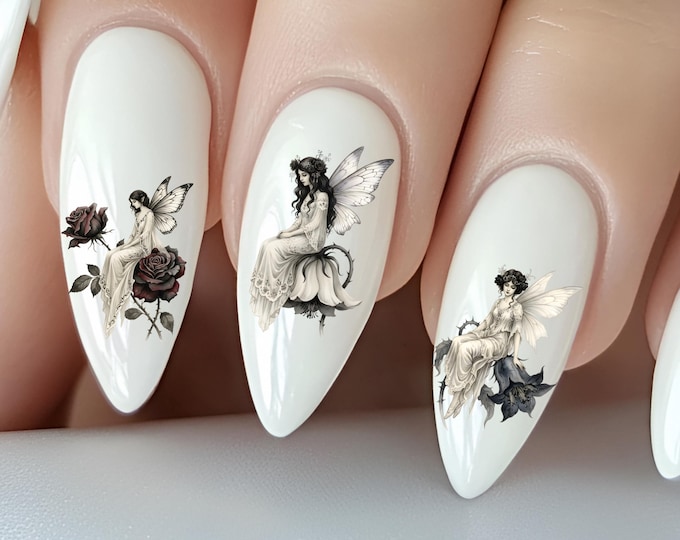Gothic Fairy Water Nail Stickers, Water Decals for Nails, Vintage Gothic Flowers, Elves