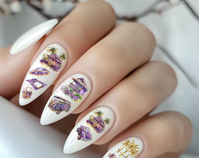 Summer vacation nail stickers, nail art, waterslide decals, summer holiday, palm tree, beach, sea, sun