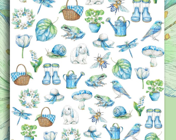 Vintage Spring Water Slide Nail Stickers, Blue and Green Nail Stickers, Tulip, Rabbit, Bird