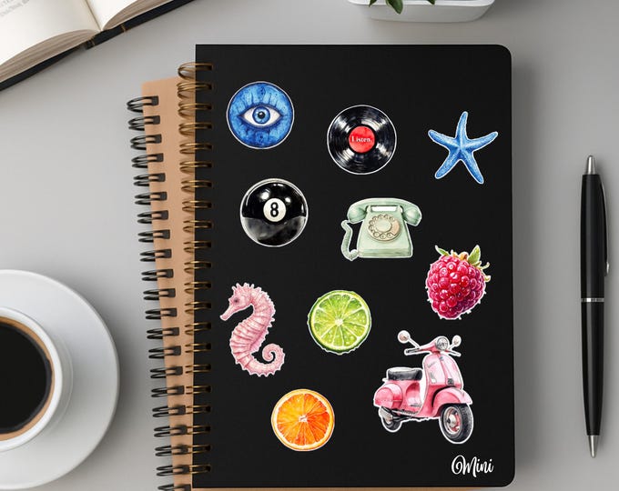 Mini/medium vinyl sticker set, waterproof self-adhesive stickers, aesthetic elements: seahorse, starfish, fruit