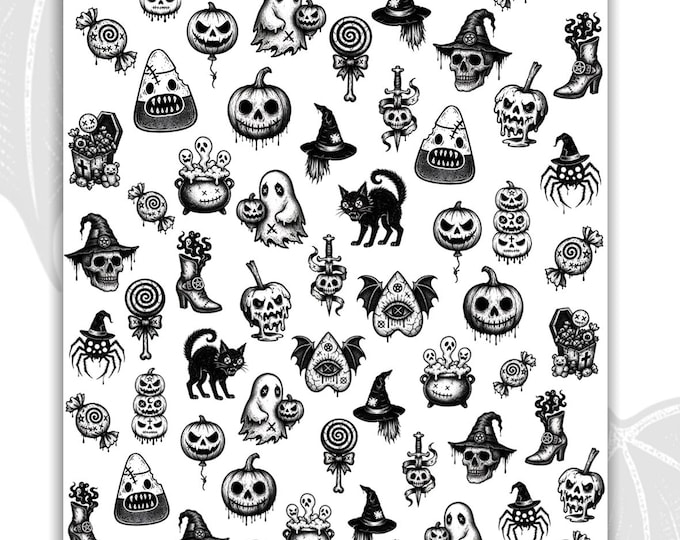 Gothic Halloween Water-Slide Nail Art Decals – Black & White Skull, Pumpkin, and Cat Designs