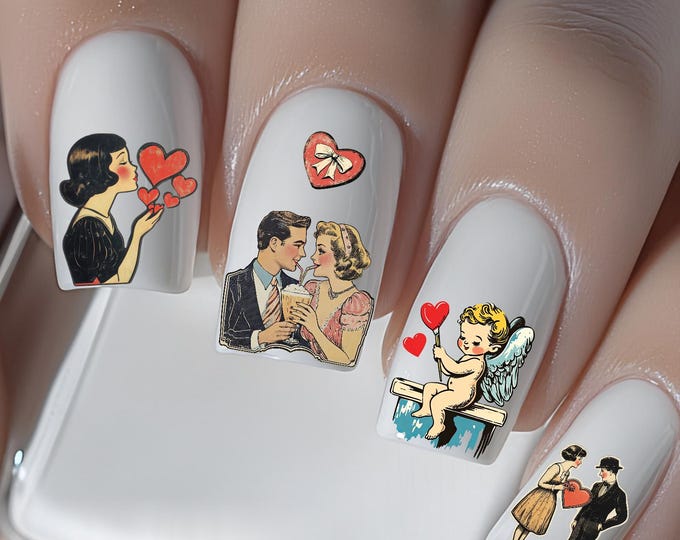 Retro Valentine's Day Love Nail Stickers - Waterslide Decal Stickers - Nail Art Decals