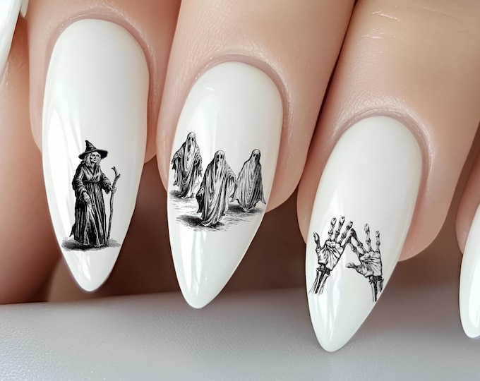 Antique Halloween Water Nail Stickers, Water Decals for Nails – Vampire, Victorian, Gothic, Spooky Ghost