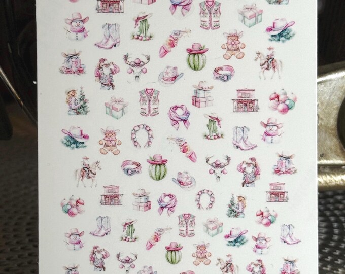 Western Christmas nail stickers, waterslide stickers for nails, cowgirl nail art, Wild West, pink