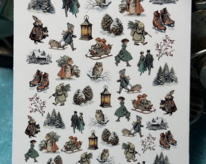 Vintage snowy winter landscape nail art waterslide stickers for nails, winter nail stickers, animals, ice skates