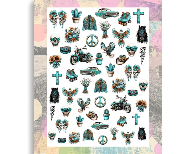 Cowgirl Western Turquoise Nail Stickers - Waterslide Nails, Skull, Nail Art Chopper, Skull