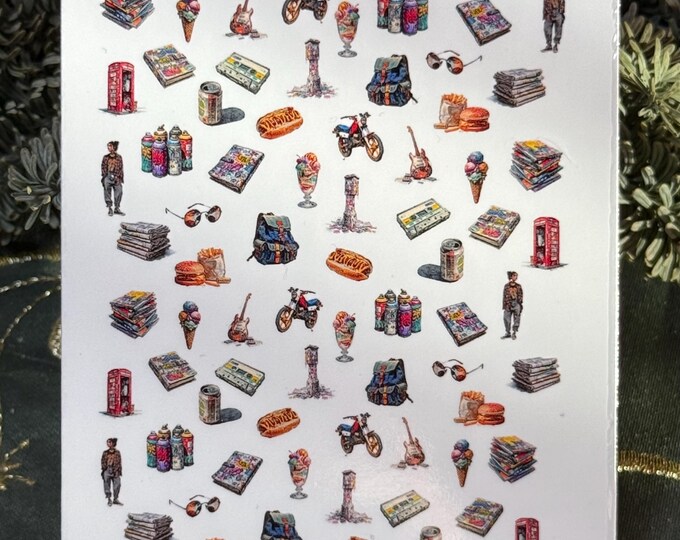 Retro waterslide nail stickers, 1950s vintage newspaper nail art, nickel-rimmed glasses