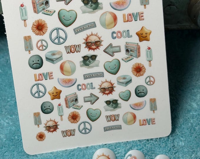 Groovy Retro Summer Water Slide Nail Stickers, Nail Art Stickers WOW, Love, Peace