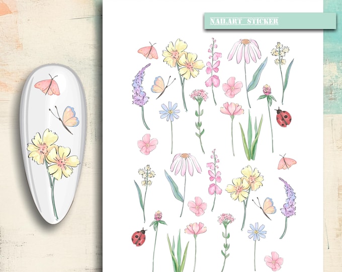 Nail Stickers, Nail Art Meadow Flower - Nail Stickers, Nail Art - Waterslide Decals - Butterfly, Ladybug, Wildflowers