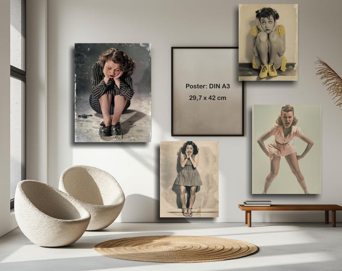 Posters - Funny Vintage Female Portraits, Female Expressions, Expressive Women, Vintage Girls on Canvas
