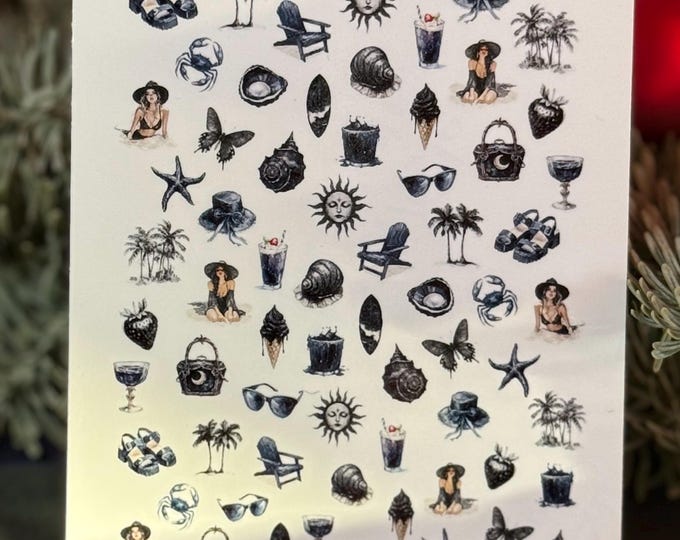 Gothic summer nail stickers, waterslide stickers, black summer nail art
