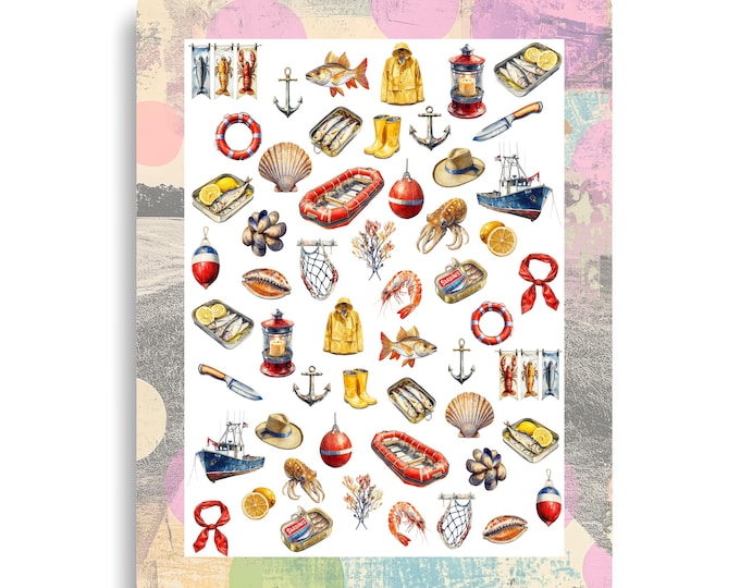 Watercolor Sailor Nail Stickers - Waterslide Nail Decals, Coastal Fisherman, Ahoy, Sardines Yellow Rainwear Sea Animal Shell Maritime