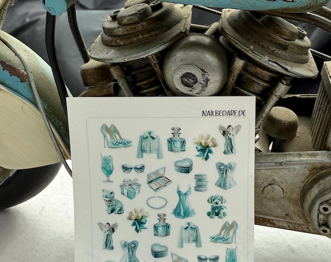 Luxury Tiffany Nail Stickers, Water Nail Decals, Aesthetic Blue Nail Art, Flirty Feminine Nail Tattoo