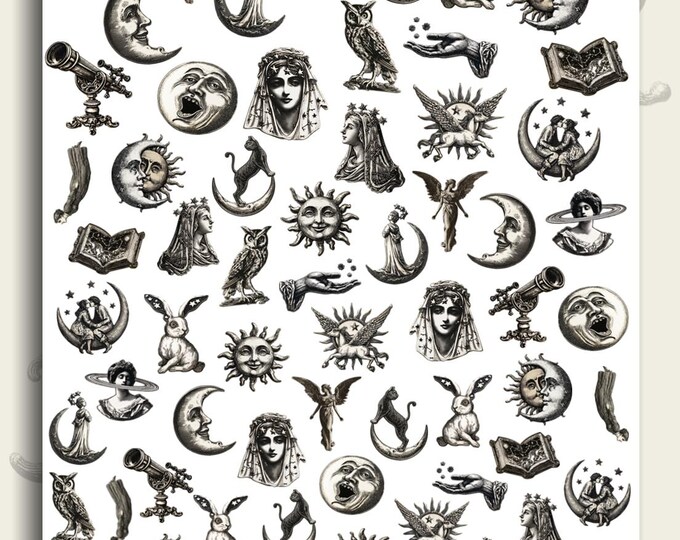 Heavenly vintage water slide nail stickers, Victorian nail stickers, astrology, vintage moon face