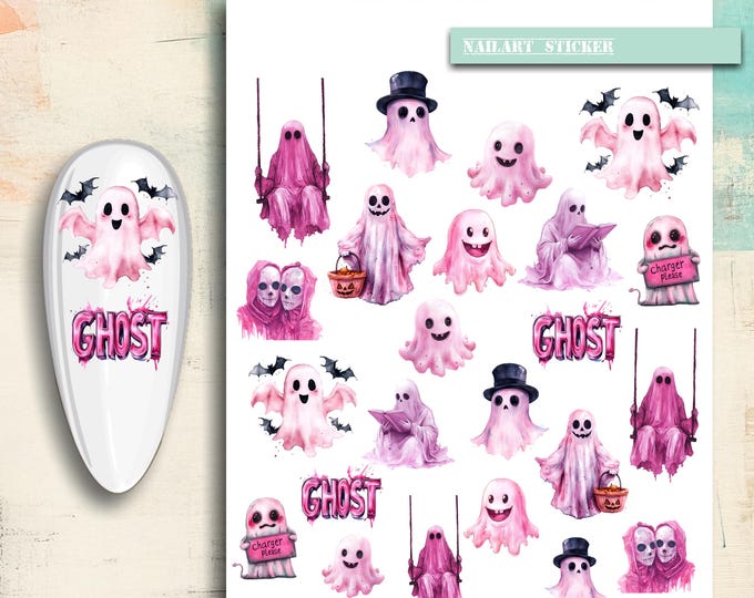 Nail Stickers / Halloween / Water Nail Decals / Spooky / Nail Art / Ghost / Bat / Pink