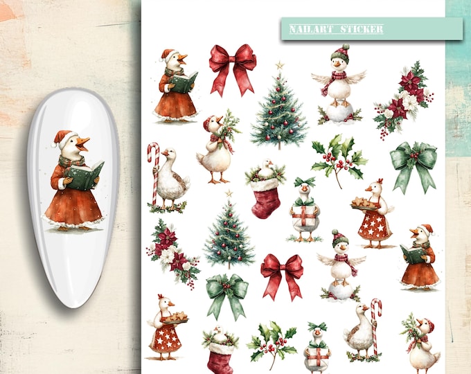Christmas Goose Nail Stickers / Water Nail Decals / Silly Goose Rustic Red Green Winter Watercolor