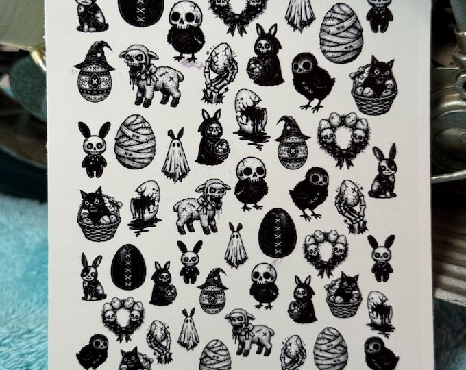 Eerie and cute Easter water nail stickers, water slide stickers for nails, pastel goth style creepy Easter, egg skulls