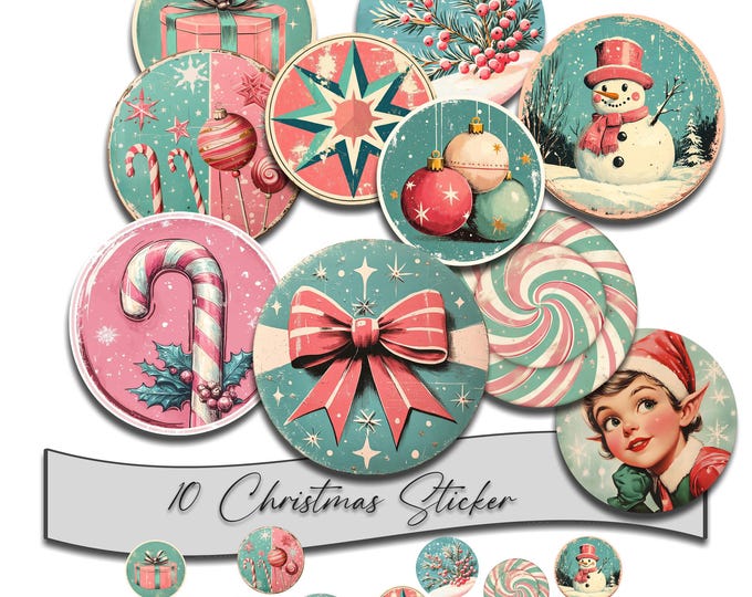 Christmas Stickers, Gift Stickers, Retro Pink Green, Retro Stickers, Various Sizes