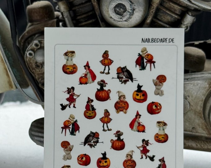 Halloween nail art, vintage nail stickers: pumpkin, cat, broomstick, owl, Halloween for kids