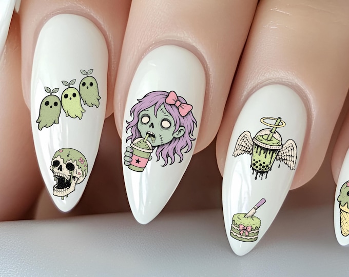 Matcha Coffee Nail Stickers, Water Slide Nail Art Stickers for Nails, Green Tea, Trendy Drink, Matcha Lattes