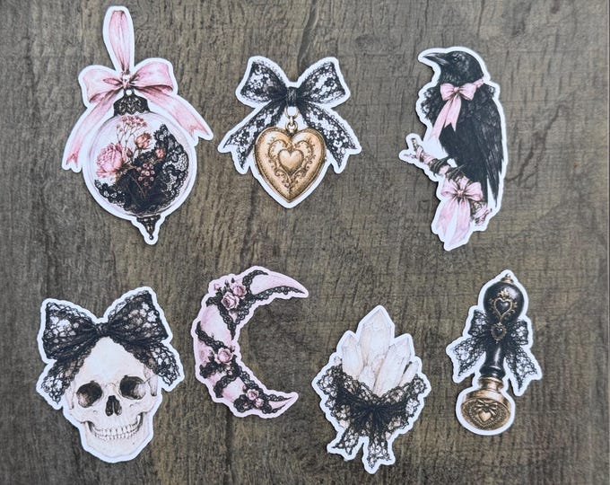 Coquettish Gothic stickers, pastel wax-seal style stickers, self-adhesive black lace, black raven, skull