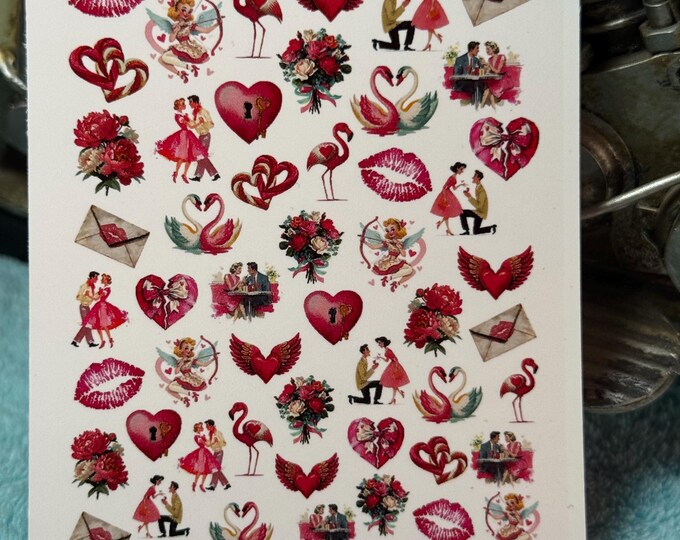 Valentine's Day Water Slide Nail Stickers - Water Slide Stickers - Nail Art - Water Nail Stickers - Vintage Lips, Swan, Couples