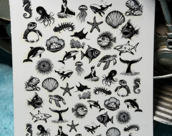 Sea creature water nail stickers, water slide stickers for nails, black nail art stickers: starfish, seahorse, dolphin
