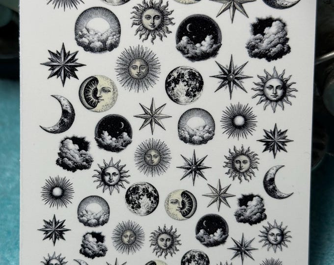 Vintage celestial body nail art waterslide stickers for nails, nail stickers sun, moon, stars