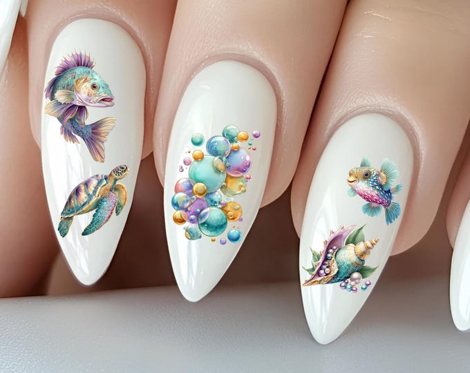 Underwater World Nail Stickers, Water Decals for Nails, Shells and Marine Animals, Sea Life, Coral Reef  Set 1