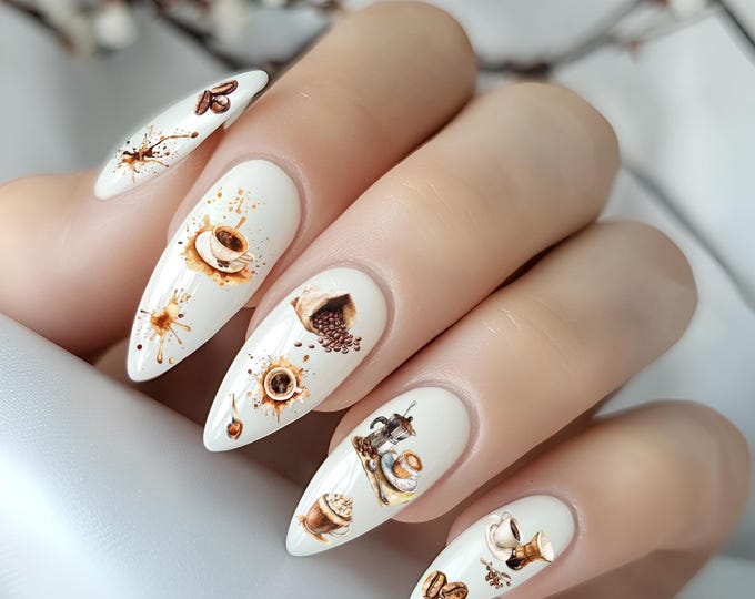 Coffee nail stickers, waterslide nail art stickers, coffee bean nail design, cup