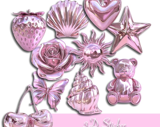 3D Stickers Pink Chrome, Holographic, Metallic Y2k Girly Stickers