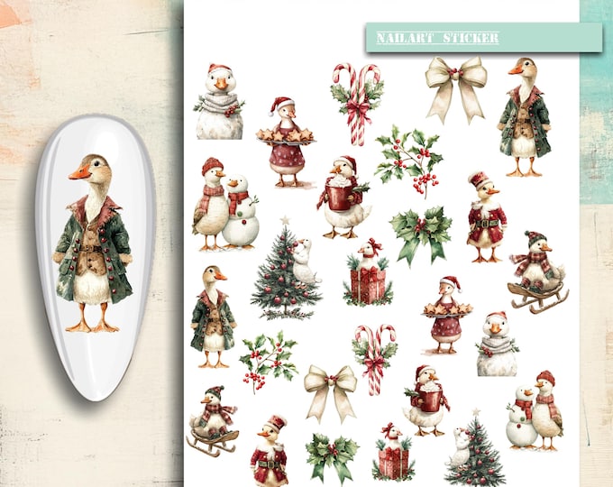 Christmas Goose Nail Stickers / Water Nail Decals / Silly Goose Rustic Red Green Winter Watercolor