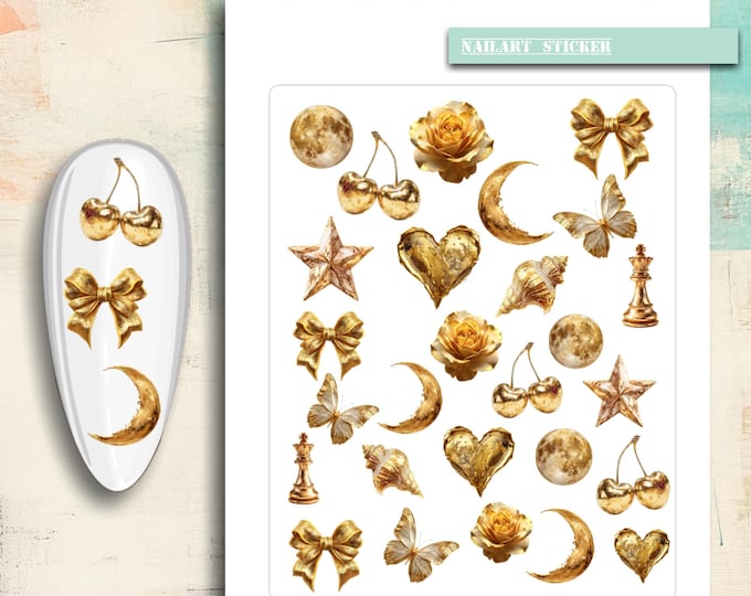 Luxury, gold nail stickers, gold nails, luxury nail art, waterslide decals, nail stickers, glamorous nails, metallic gold