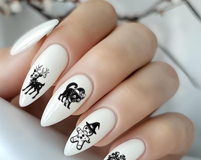 Gothic Christmas Nail Stickers - Waterslide Nail Art - Black Horror Skull Santa Art - Creepy