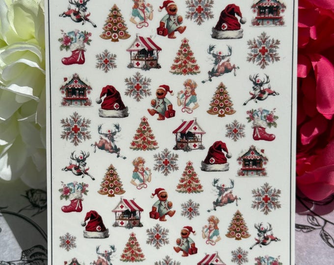 Vintage Christmas water-slide nail decals, nurse nail stickers, medical Christmas, hospital theme