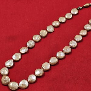 Op de afbeelding: Een lange ketting gemaakt van grote, ronde, crèmekleurige parels. De parels zijn geregen aan een zilveren ketting.