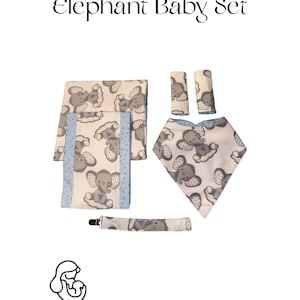 Conjunto de presente para bebê com tema de elefante, babador, cobertor para receber, almofada para arroto, prendedor de chupeta e protetores de cinto de segurança para carro