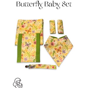 Conjunto de presente para bebê recém-nascido com tema de borboleta floral, babador, cobertor para receber, almofada para arroto, prendedor de chupeta e almofadas para cinto de segurança de carro