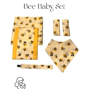 Conjunto de presente para bebê com tema de abelha: babador, cobertor para receber, almofada para arroto, prendedor de chupeta e protetores de cinto de segurança para carro