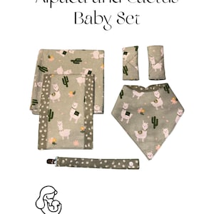 Conjunto de presente para bebê com tema de alpaca: babador, cobertor para receber, almofada para arroto, prendedor de chupeta e protetores de cinto de segurança para carro