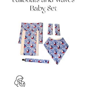 Conjunto de presente para bebê recém-nascido com tema de veleiro e ondas: babador, cobertor para receber, almofada para arrotos, prendedor de chupeta e protetores de cinto de segurança para carro