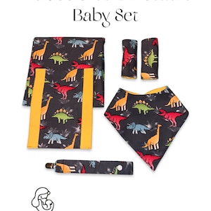 Conjunto de presente para bebê recém-nascido com tema de dinossauro/dinossauro multicolorido, babador, cobertor para receber, almofada para arroto, prendedor de chupeta e almofadas para cinto de segurança de carro