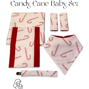 Conjunto de presente para bebê com tema de bengala de doces/natal, babador, cobertor para receber, almofada para arrotos, prendedor de chupeta e protetores de cinto de segurança para carro