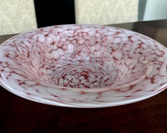 Große 13 ”Vintage Pink White Spatter Art Glas Konsolenschüssel mundgeblasene signierte 4.27Ibs