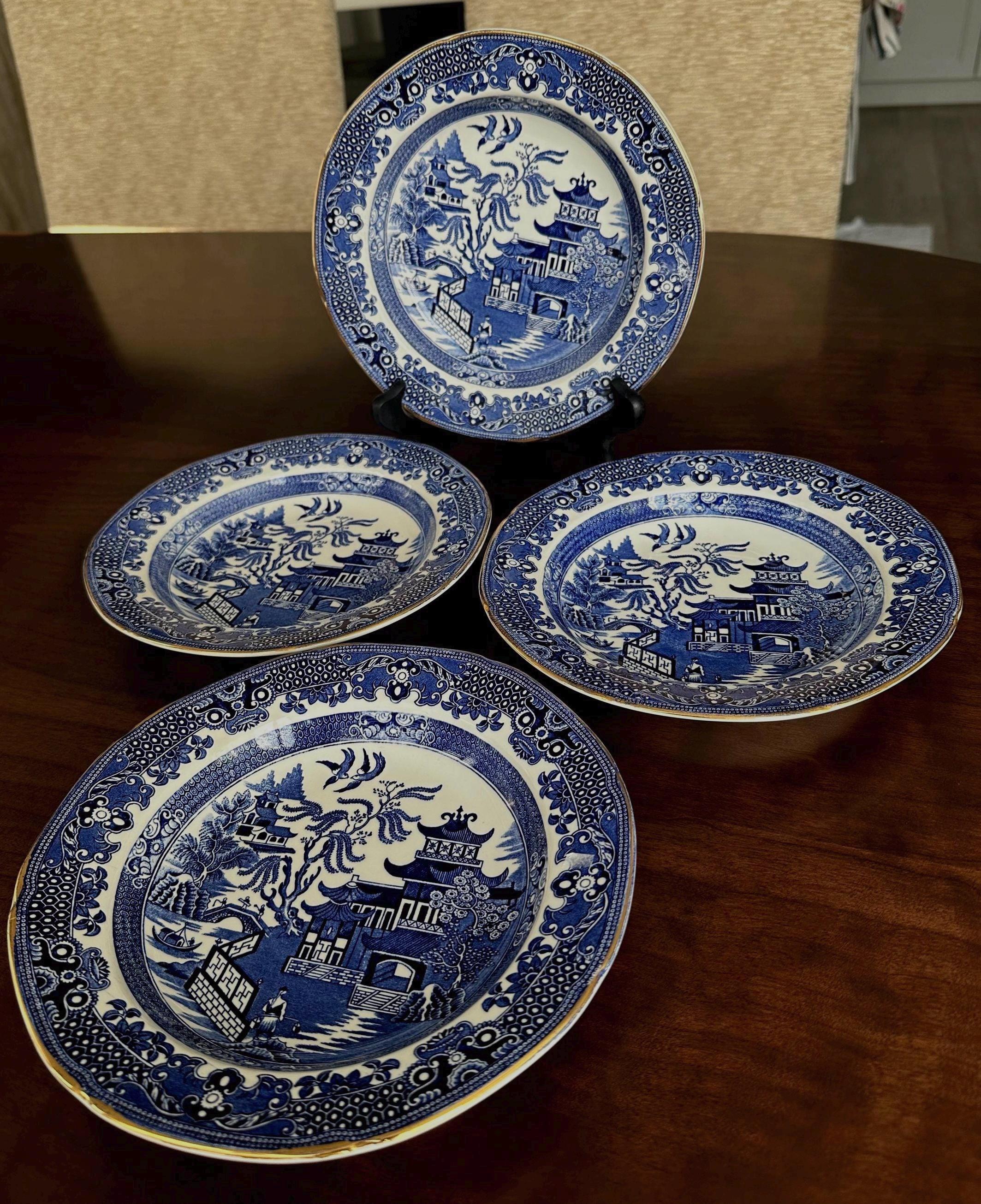 burleigh ウイロー　ボウル4枚組 Set of 4 Blue Vintage Willow Burleigh Ware Rimmed Bowls for 115