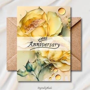Retro Happy Anniversary Card, Romantic Printable Floral Anniversary Card, Yellow Rose Card, Wedding Card for Couple, Flower Birthday Card