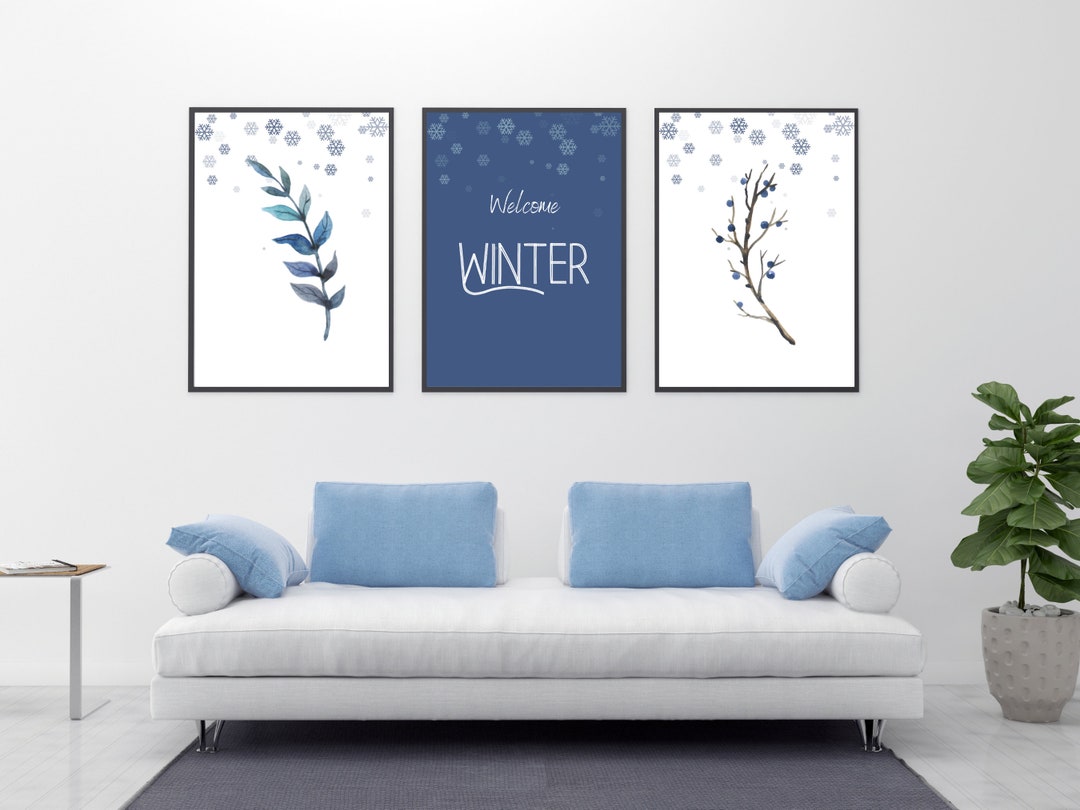 Winter Printable Wall Art Set, Dark Blue Print, Modern Winter Decor